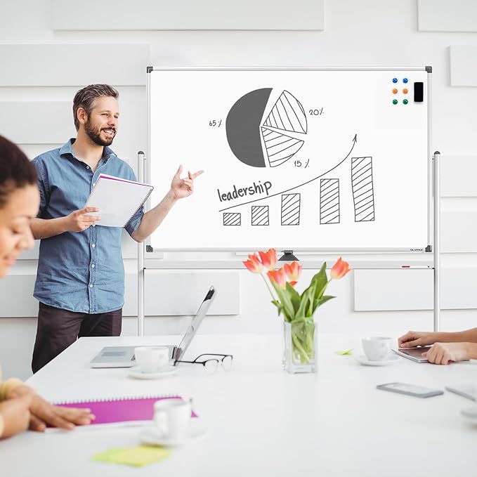 Large Dry-Erase Rolling Magnetic Whiteboard - 48 x 32 Inches Dry Erase Board with Stand Height Adjust Double Sides Mobile White Board Easel on Wheels with 25 Sheets Paper Pad Office, Home & Classroom