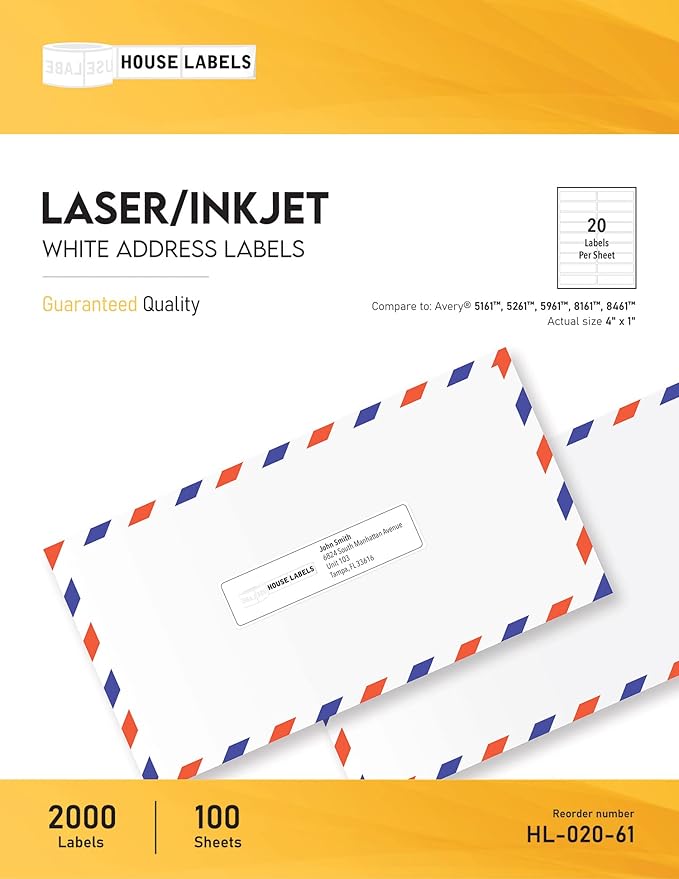 HOUSELABELS 20-up Shipping Labels (4" x 1") for Laser and Inkjet Printers, 400 Sheets