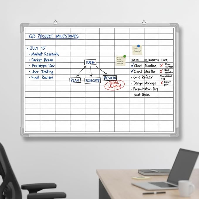 Lined Whiteboard Blank Grid Aluminum Frame Dry Erase Board Reusable Wall Mounted Board for Scheduling, to Do Lists Weekly Planning Home Work(24 x 18 Inch,Whiteboard with Grid)