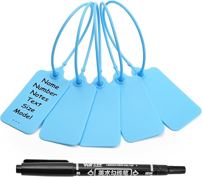 50 Blue Blank Plastic Tags for Labeling Waterproof Hanging Labels Writable Tags Seal Plastic Marking Label for Clothes Bags Keys Inventory with One Marker Pen
