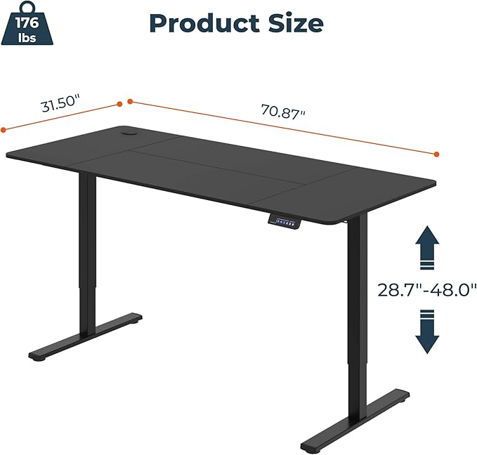 FitStand Adjustable Stand Up Desk, Large 71x31 Inches Height Adjustable Standing Desk with Cable Management, Home Office Computer Desk with Memory Preset & Charging USB Port & Sedentary Reminder