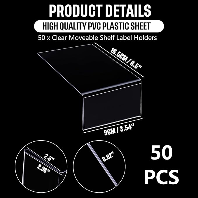 Containlol 50 Pcs Moveable Shelf Label Holders, Clear Bookshelf Label Library Shelf Markers Bookshelf Divider Tags for Library Office Classroom Home(6.5 x 3.54 x 2.36 Inch)