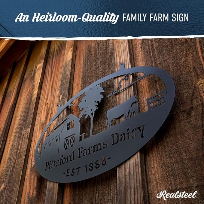 RealSteel Personalized Metal Farmhouse Sign - Custom Farm Scene Wall Art with Barn, Horse, Trees, and Fence - Custom Last Name & Established Date - Durable Outdoor Garden and Patio Decor