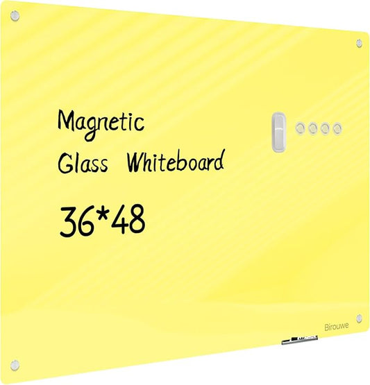 Magnetic Glass Whiteboard - 48"x36" Frameless Glass Dry Erase Board for Walls, Office, School & Home - Yellow