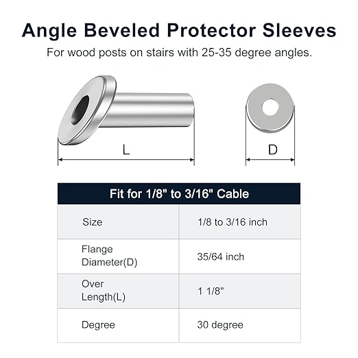 BLIKA 20 Pack 25 30 35 Degree 3/16" Angle Beveled Protector Sleeves, Angled Post Protector for 1/8" 5/32" 3/16" Cable Railing, T316 Stainless Steel, 30 Degree Angle Beveled Protector Sleeves