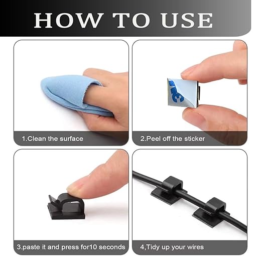 KGROTE 100PCS Cable Clips, Adhesive Wire Clips Strong Cord Clips Wire Holders, Cable Management Clips for Desk, Wall, Car, TV, Ethernet Cable (Black, Medium)
