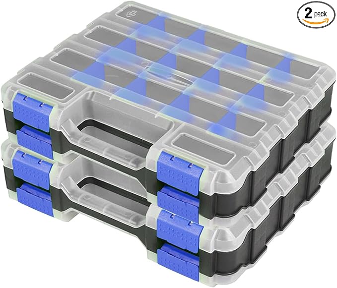 AIDY-PRO Hardware Organizer Box 34 Compartments Small Parts Organizer with Removable Dividers Durable Plastic Double Side Tools Box Screw Organizers For Nuts, Bolts, Screws, Nails 2Pack
