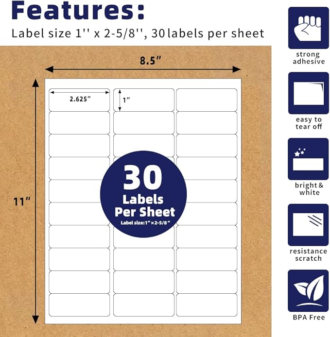 POLYSELLS 1" x2-5/8 Self Adhesive Address Labels, 30UP Blank Shipping Labels, FUSKU, FBA Mailing Labels for Inkjet and Laser Printer, 7500 Sticker Labels (250 Sheets), 30 Labels per Sheet