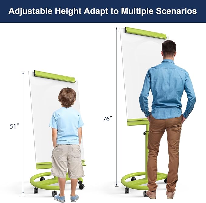 TSJ OFFICE Rolling Whiteboard Standing - 40 x 26 Inches Magnetic Mobile White Board with Stand, Height Adjustable Dry Erase Board on Wheels with Paper Clamp on Top, Green