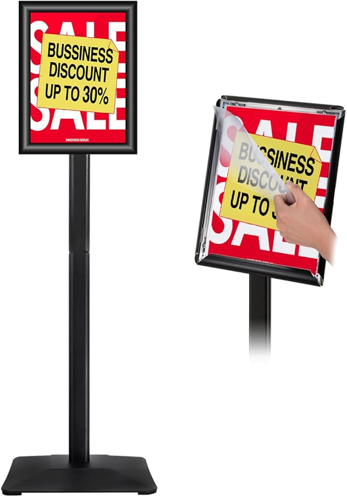 INNOVSIGN Heavy Duty Adjustable Pedestal Poster Sign Stand, 8.5x11 Aluminum Open Floor Standing Sign Holder for Vertical and Horizontal View Display (8.5x11,Black)