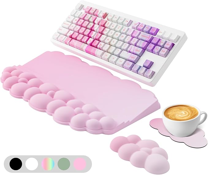 Wrist Rest with Keyboard Stand, Ergonomic Computer Wrist Support Pad, Cloud Keyboard Riser Holder with Wrist Pad, Memory Foam Desk Cushion, Palm Hand Typing for Office Home School-Pink