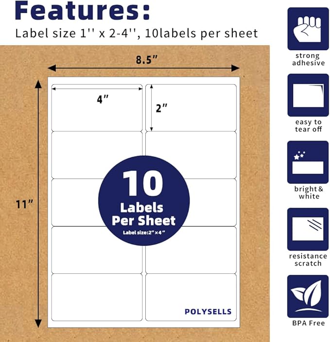 POLYSELLS Self Adhesive 2"x4" Address Shipping Labels, 10UP White Sticker FBA Labels, Inkjet/Laser Printer Compatible, 10 Labels/Sheet, 250 Sheets/2500 Labels
