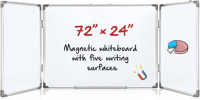 72" x 24" Foldable Whiteboard Dry Erase Board Large Tri Folding Whiteboard Magnetic Dry Erase Board, Wall Aluminium Frame and Flip Out Pen Tray for Office, Home