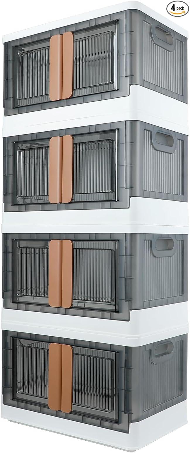AssHMKIT Storage Bins, Plastic Cabinet, 8.4 Gallon Capacity (32L Per One), 4 Pack, Stackable Collapsible Drawer, with Door and Buckle, Organizer for Home and Office, Transparent