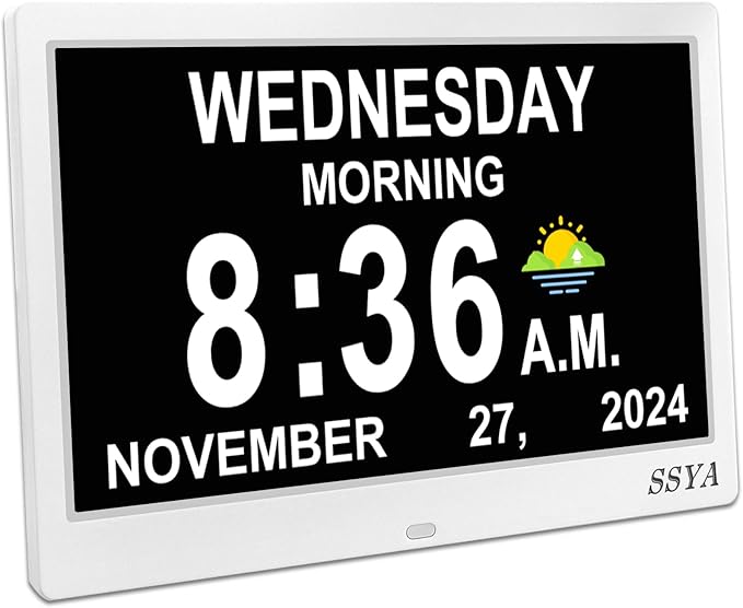 SSYA Dementia Clock for Seniors, Digital Clock with Date and Day of Week, Auto DST, Non-Abbreviated Large Calendar Alarm Clocks (White)