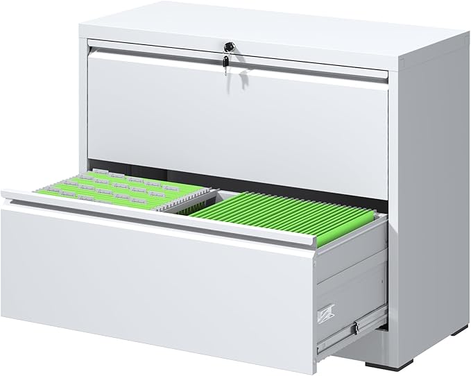 FLIXELIO File Cabinets 2 Drawer,Metal Office Storage Filing Cabinet with Lock,White Lateral Filing Cabinet for Home Office,Horizontal Two Drawer File Cabinet for Legal/Letter/A4,Assembly Require,White