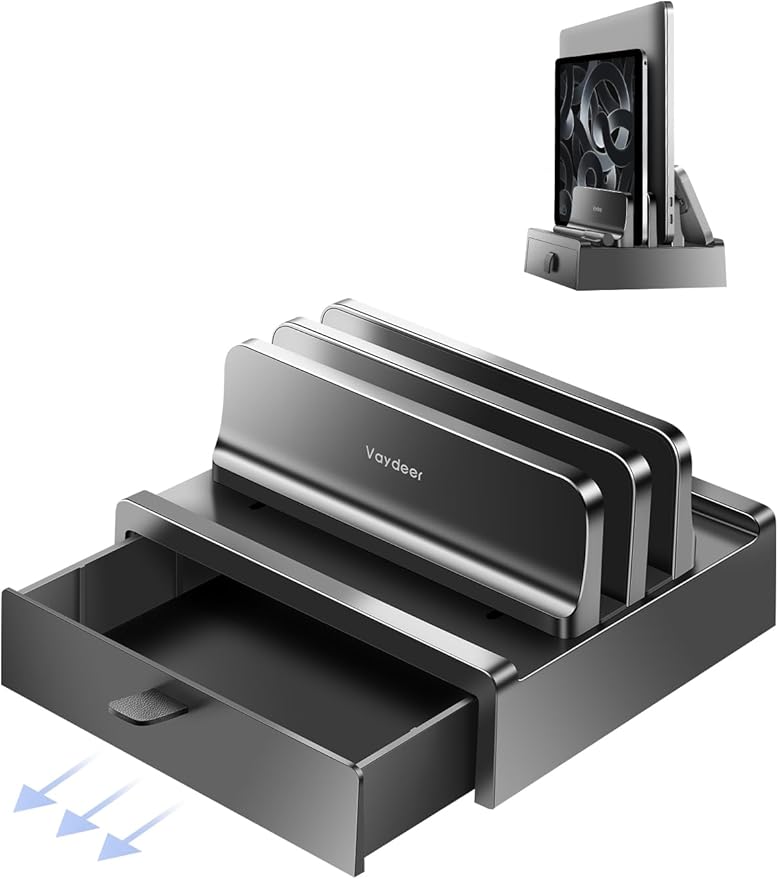 Vaydeer Vertical Laptop Stand with Drawer,Dual Slots Plastic Laptop Holder Storage with Space Saving 4-in-1 Design,Adjustable Laptop Organizer Stand for Desk,Supports MacBook,Chromebook,Surface,Dell