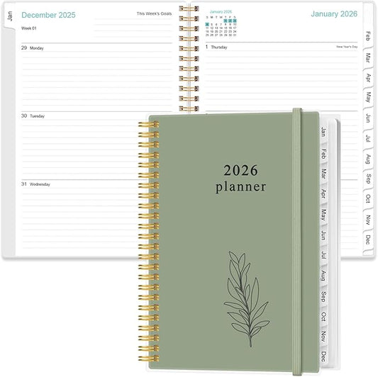 2026 Planner - Planner 2026 from January 2026 - December 2026, Weekly & Monthly Planners Spiral Bound with 12 Monthly Tabs, Inner Pocket, 6.4" x 8.5", Green