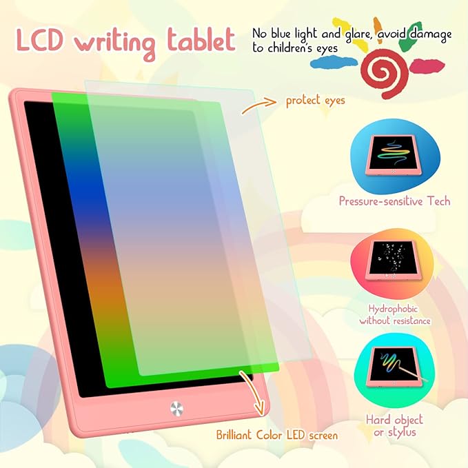 BUKEBU LCD Writing Tablet Doodle Board, Colorful Drawing Pad, Electronic Drawing Tablet, Drawing Pads,Travel Gifts for Kids Ages 3 4 5 6 7 8 Year Old Girls Boys (10.5 inch, Pink&Pink)