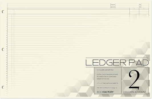 BookFactory Ledger Sheets/Large 2 Column Accounting Ledger Columnar (Two Columns) Loose Leaf Paper - 17'' x 11'', 50 Pages, Loose Leaf, 3 Hole Punched (Made in USA)