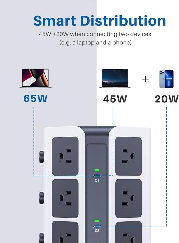 KOOSLA [65W] PD Power Strip Tower Surge Protector, USB C Desktop Charging Station with 12 Widely Spaced AC Outlets / 2 USB-C / 3 USB-A Ports, 6.5ft Heavy-Duty Extension Cord for Home Office Dorm