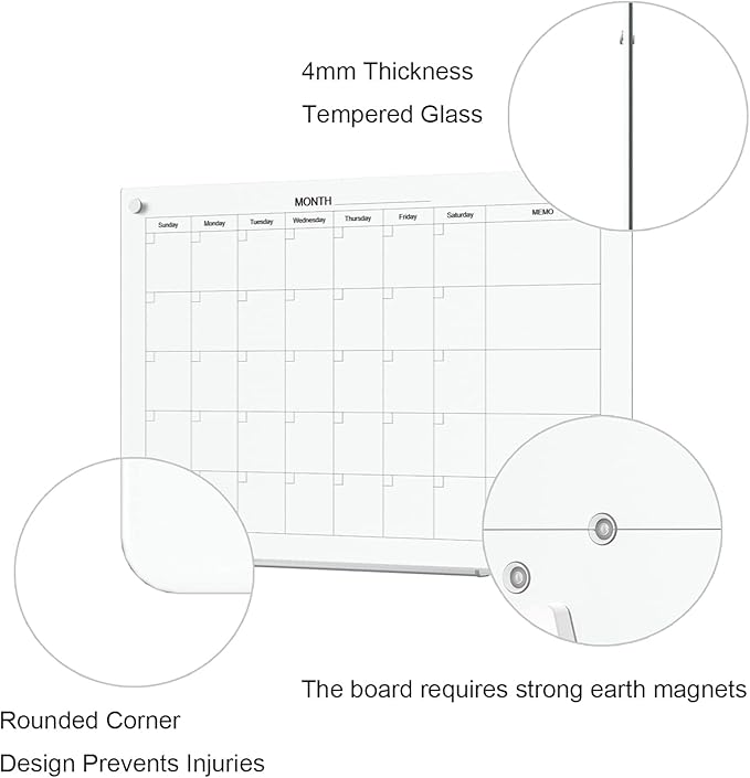 TOWON 47 x 35 Inch Large Glass Dry Erase Board, Magnetic Whiteboard Calendar, Monthly Planner Set, White