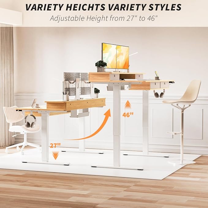 Kingant 63 x 30 Inch Electric Standing Desk with 4 Drawers, Adjustable Height Computer Desk for Home Office, Large Workstation Sit Stand Up Desk with Built-in USB A/C Charging Ports, Nature