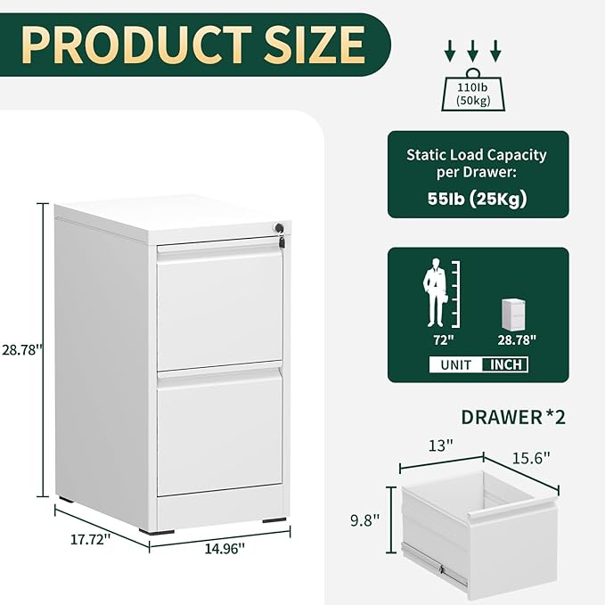 Yukimo 2 Drawer File Cabinet for Home Office, Vertical File Cabinet with Lock, Locking File Cabinet Hanging Files for A4/ Legal/Letter, Require Assembly, White