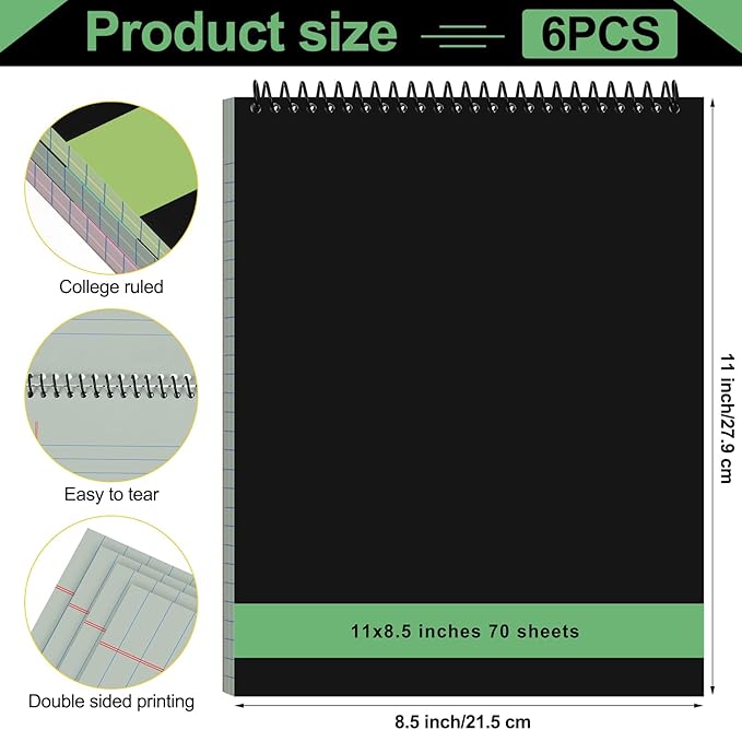 Resurhang 6 Pcs Legal Pad Top Spiral Bound Notebook 70 Sheets Double Sided College Ruled Paper Notepad Memo Steno Pad with Stiff Cover for Business College(8.5 x 11 Inches,No Holes,Neutral Color)