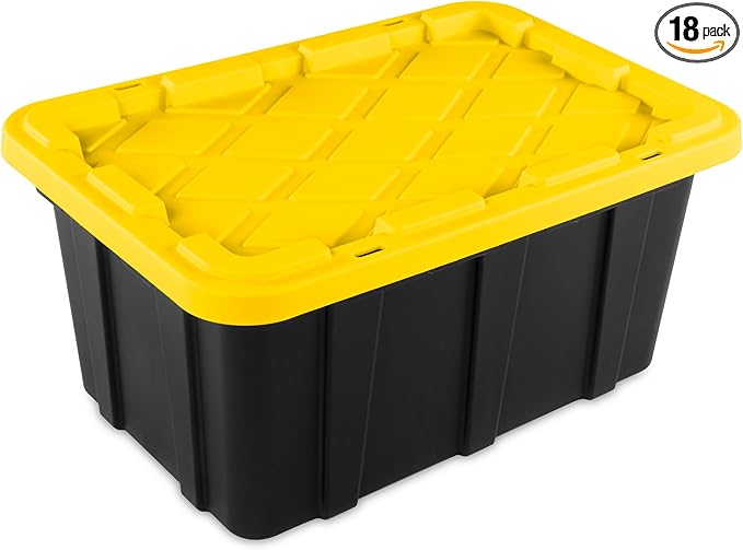 Sterilite 18-Pack Stackable Storage Bins, Heavy Duty Totes w/Lids, 17 Gallon, Black/Yellow