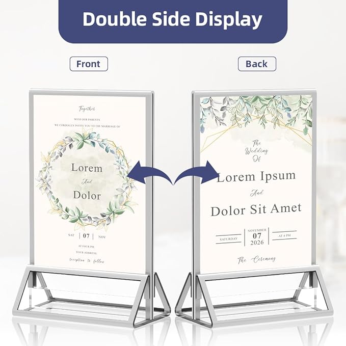 PPH-Sisy Clear Acrylic Sign Holder 5X7 with Silver Borders Display Stand, Double Sided Acrylic Picture Frames Plastic Sign Holder for Wedding Table Numbers Menu Holder (6 Pack)