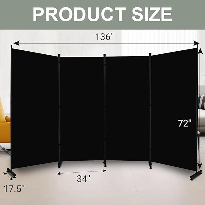 Room Divider 6FT 4 Panel Privacy Screen, 136'' Wide Fabric Indoor Room Divider Wall Divider for Room Separation, Portable Room Partitions and Dividers Freestanding Temporary Wall Room Separators