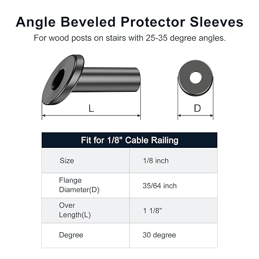BLIKA 60 Pack 25 30 35 Degree 1/8" Black Cable Railing Angle Beveled Protector Sleeves, T316 Stainless Steel, Angle Protector Sleeves Deck Stair Cable Railing Hardware Kit for Wood Posts