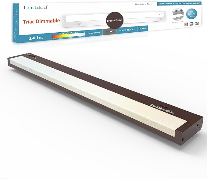 Leetdud LED Under Cabinet Lighting Hardwired or Plug in, 24 Inch 12W, Dimmable 5 Color 2700K/3000K/3500K/4000K/5000K, Linkable Eyes Care Design Counter Lights for Kitchen, Sink, ETL Listed, Bronze