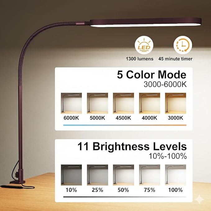 SKYLEO LED Desk Lamp - Desk Light for Home Office - Flexible Gooseneck - 5 Color Modes X 11 Brightness Levels - 1300LM - Timmer & Memory Function - 12W Clip on Light - Red