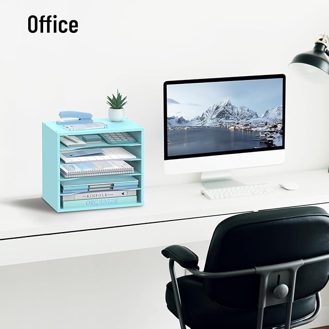 SHARKWOODS 5-Tier Wood Desk Organizer, Paper Tray Organizer for Desk with Adjustable Storage Shelves, Desktop File Organization Paper Sorter Mail Holder for Office Home Classroom, Blue