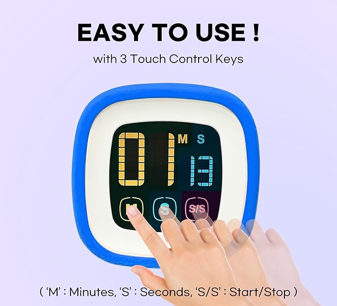 CREAVIVA Digital Kitchen Timer, Countdown, Countup, Protective Rubber case, Large Display with Color Bold Digits, Touch Control, Backlit, Magnetic Kickstand, Loud Alarm, Auto Memory (Sky Blue)