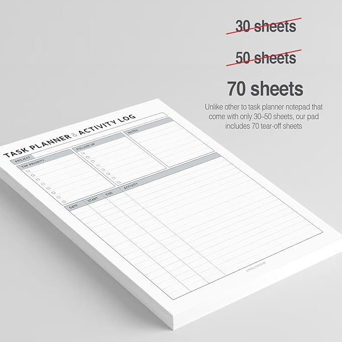 Task Planner & Tracker 8.5 x 11 Tear-Off 70 Sheet Planner Pad – Project Organizer with Time Log, Top Priority, Follow-Up – Notepad for Home & Office (White, Classic, 1 Pack)