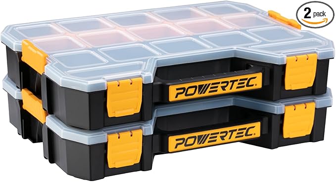 POWERTEC Stackable Tool Box Organizer with Removable Dividers - 17 Compartments, Interlocking, Portable Design, 2-Pack (72118-P2)