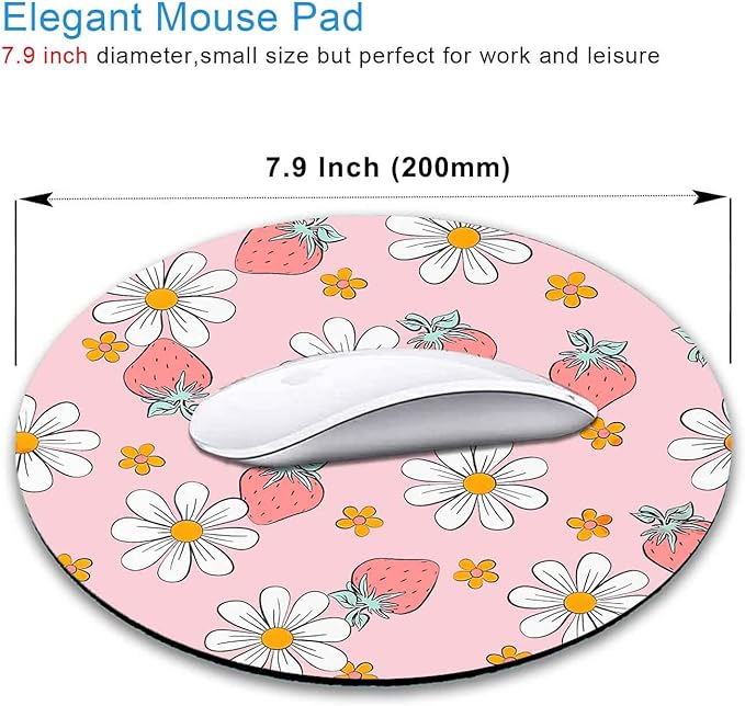 IMAYONDIA Round Pink Mouse Pad, Strawberry MousePad Small, Circular Pastel Floral Mouse Mat for Wireless Mouse, Non-Slip Rubber Base Cute Design Mice Pad for Laptop Computer Travel Women Kids, Flowers