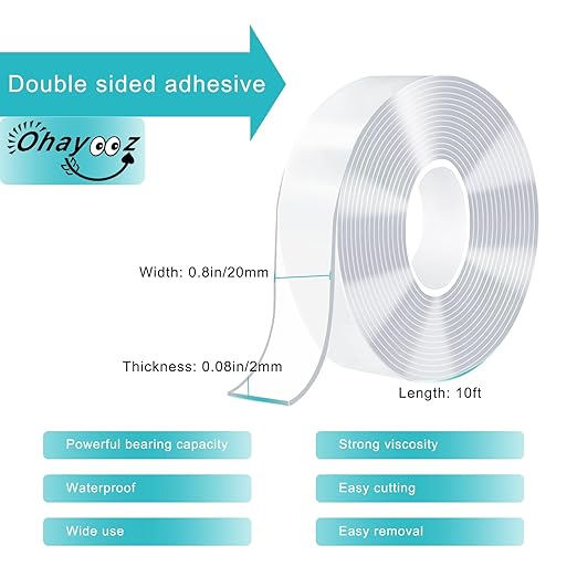 Ohayooz® Extra Strong Double Sided Tape Heavy Duty Removable 30FT, Clear Sticky Adhesive Nano Tape Tough Washable Waterproof Mounting Tape for Hanging Picture, Poster, Carpet, Photo Deco, Pack of 3