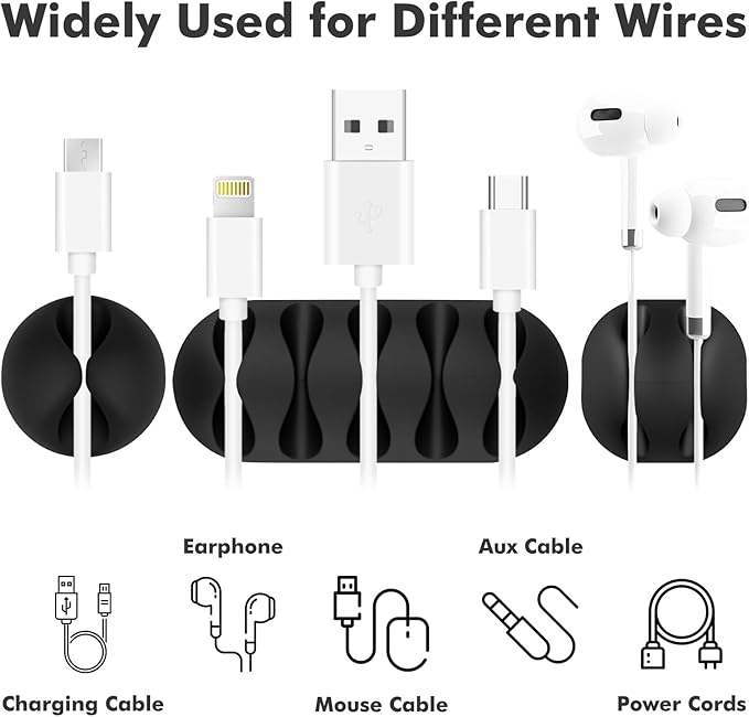 Flezoo Cable Clips Cord Holder - 18 PCS Black Adhesive Phone Cord Organizer Charger Holder Cable Wire Management Clips Keeper for Nightstand, Desk, Office or Mouse