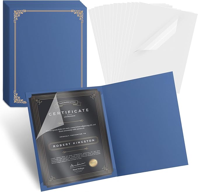 15 Pcs Certificate Holders 8.5 x 11 Additional 15 Pcs Plastic Film, Diploma Covers Gold Foil Border Certificate Holder for Letter Size 8.5x11 Cardstock,Certificates,Document Papers (Blue, 15 Sets)