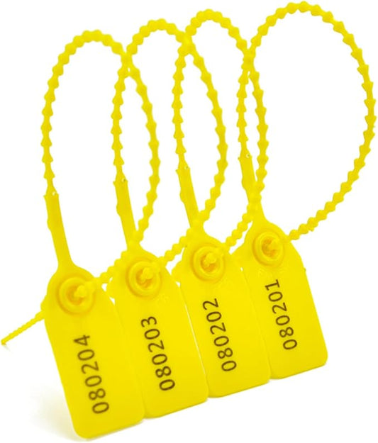 100Pcs Plastic Tamper Shipping Seals Pull-Tite Security Seal Signage Numbered Fire Extinguisher Tags Zip Ties Labels Disposable Self Locking for Logistics, Luggage,Transport (Yellow, 100pcs)