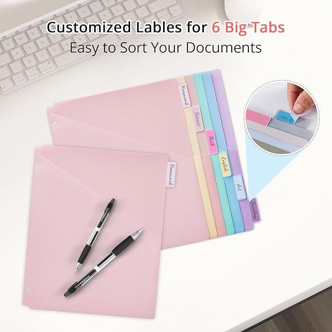 6-Tab Letter Size Dividers for 3 Ring Binder, Wheat Straw Binder Dividers with One Pocket, 6 Pastel Colors, Perfect for School, Office Supplies (1)
