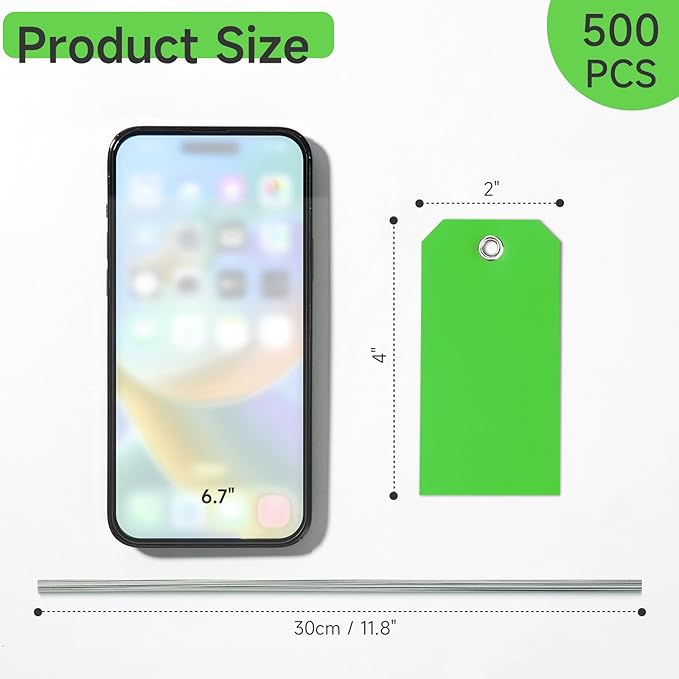 500 Pieces Plastic Shipping Tags with Wire Waterproof Hang Tags Heavy Duty Labeling Tags with String Wires Tags Labels Labeling Tags Stacking Tags for Equipment Car Parts (Green, 2x4)
