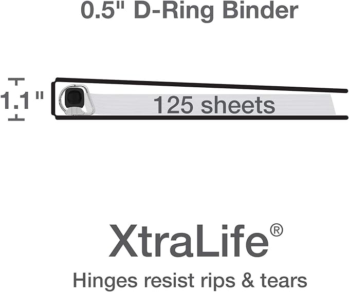 Oxford 3 Ring Binders, 0.5 inch ONE-Touch Easy Open D Rings, Durable Binders for School and Office, View Binder Covers, Xtralife Hinge, Non-Stick, PVC-Free, Black, Holds 125 Sheets, 6 PK (79901)