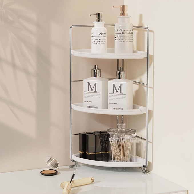 JANUS LiANG 3-Tier Bathroom Counter Organizer, Plastic Bathroom Organizer, Tool-Less Installation Makeup Vanity Tray, Bathroom Organizer Countertop Skincare Perfume Organizers (Chrome)