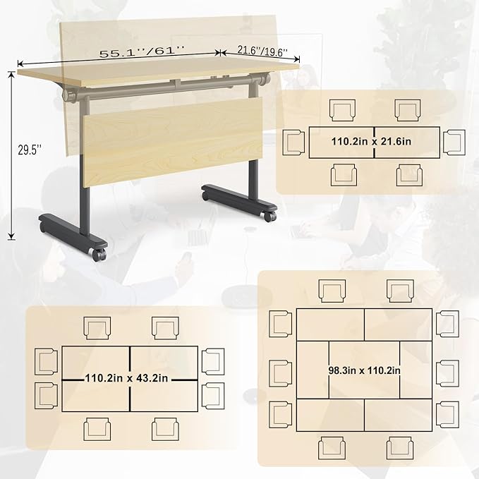 Conference Table,55.1''Folding Conference Room Table for 4-12 People,Mobile Flip Top MeetingTraining Table with Different Coulor and Styles for Offices, Classrooms,Meeting Room (12, 61''G)