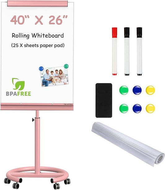 TSJ OFFICE Rolling Whiteboard Standing - 40 x 26 Inches Magnetic Mobile White Board with Stand, Height Adjustable Dry Erase Board on Wheels with Paper Clamp on Top, Pink
